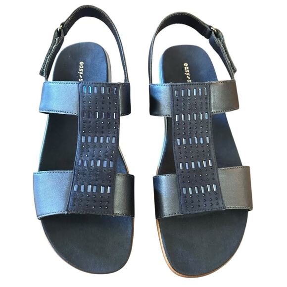 Easy Spirit Hazel T Strap Leather and Rhinestone Wedge Sandals NEW Size 11 - Picture 1 of 10